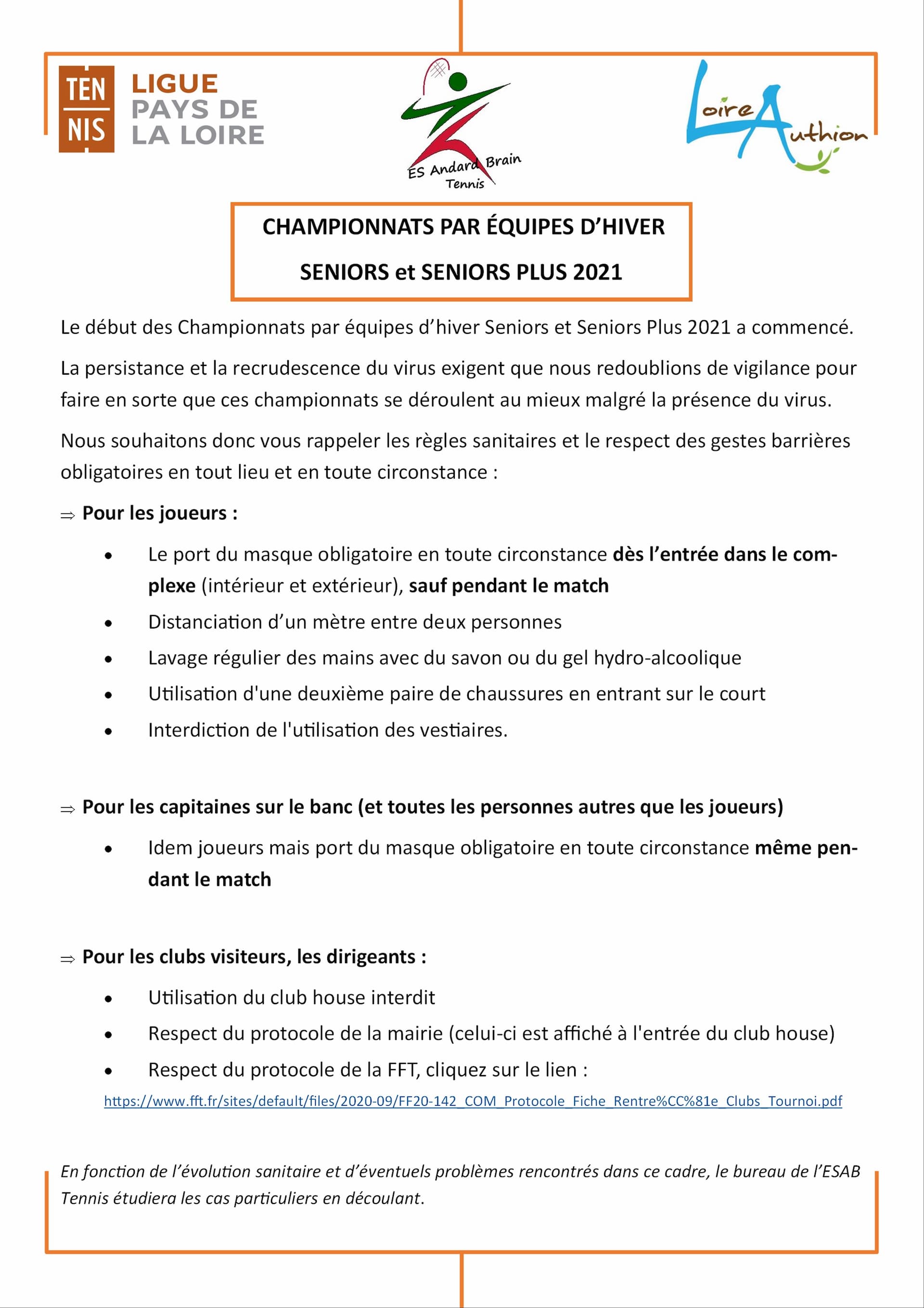 Mémo protocole sanitaire championnat