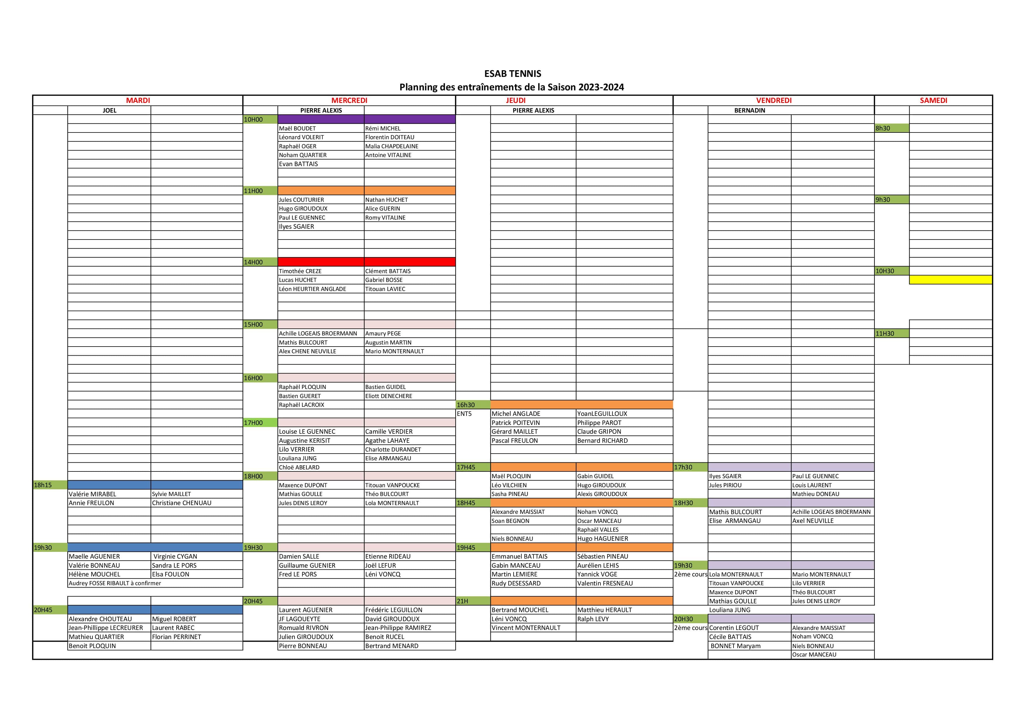 Planning et groupes d'entraînements
