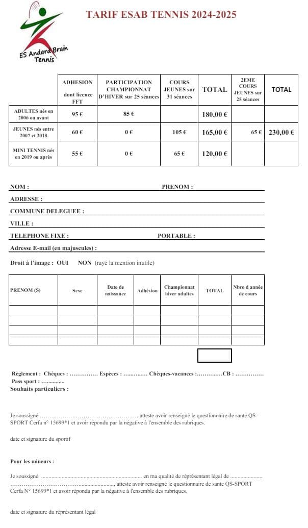 Feuille d'inscription