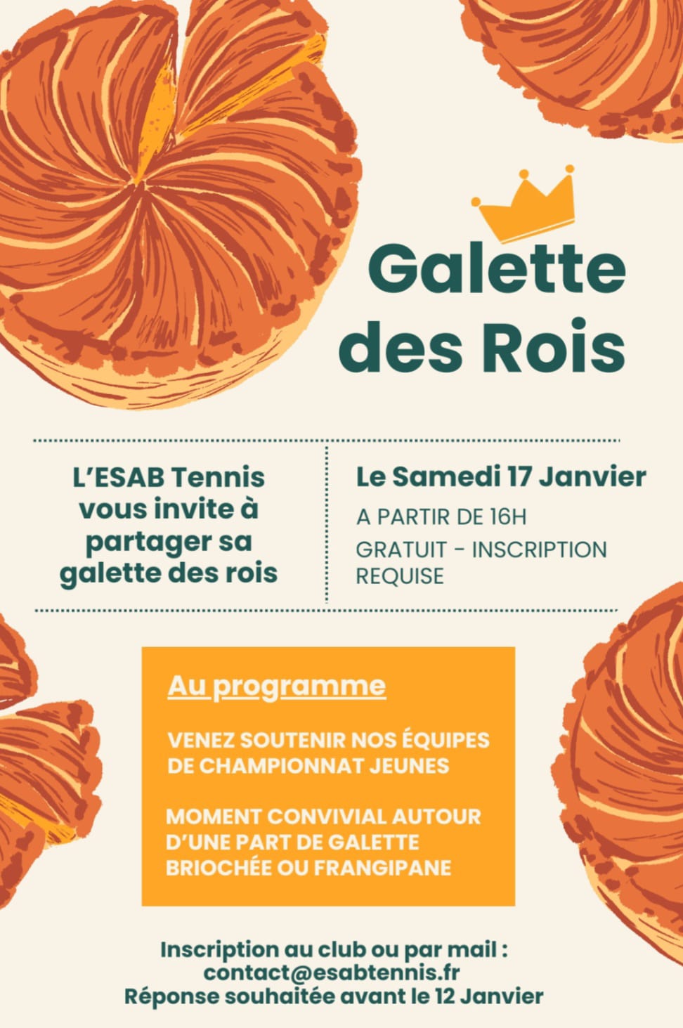 Invitation à la Galette des Rois – ESAB Tennis - Samedi 17 janvier 2026