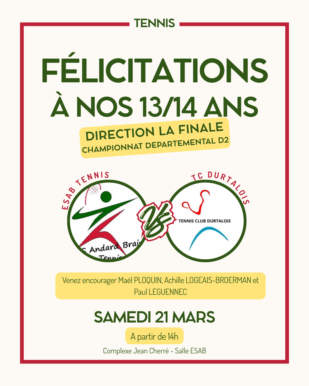 🎾 Championnat 13/14 ans Garçons 🎾